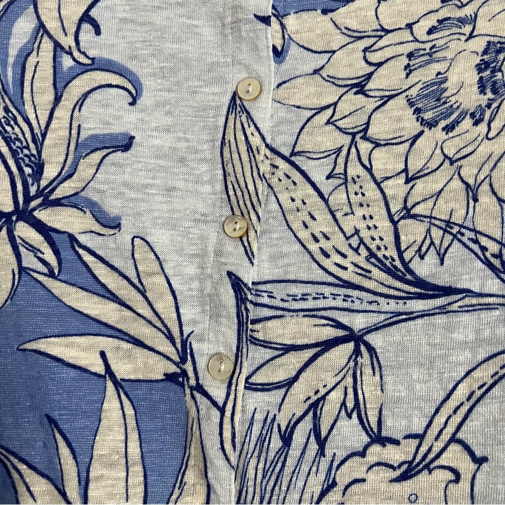 Halston Womens Top L Blue Floral 100% Linen Short Sleeve Button Back R13 - Picture 5 of 6